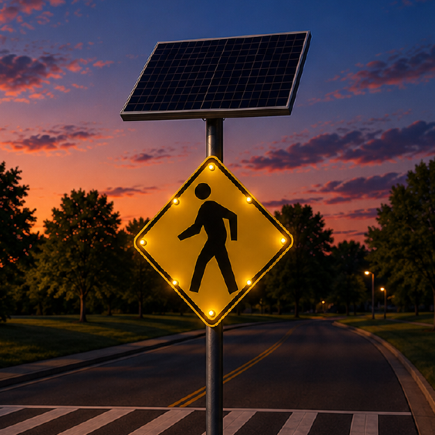 Winstar Pedestrian Crossing Solar LED Traffic Sign 30 in x 30 in, Green, Diamond Grade, W11-2 MUTCD